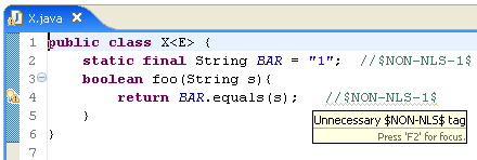Java editor with unnecessary NLS tag