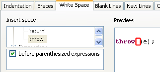Screenshot of the formatter preference page showing 'Space before expression throws'