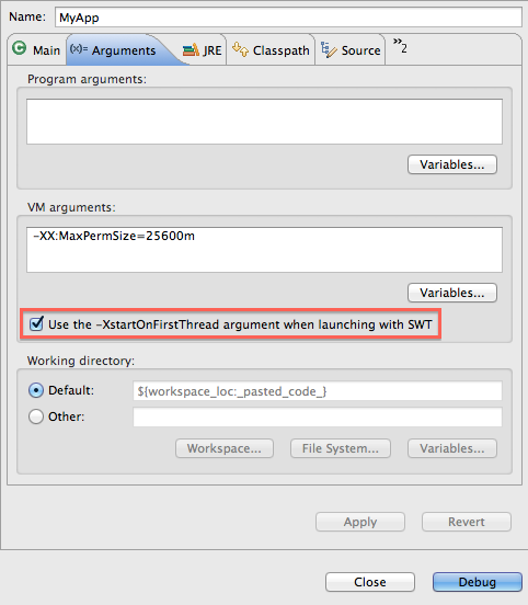 New VM preference allowing users to selectively add the -XstartOnFirstThread argument per-configuration