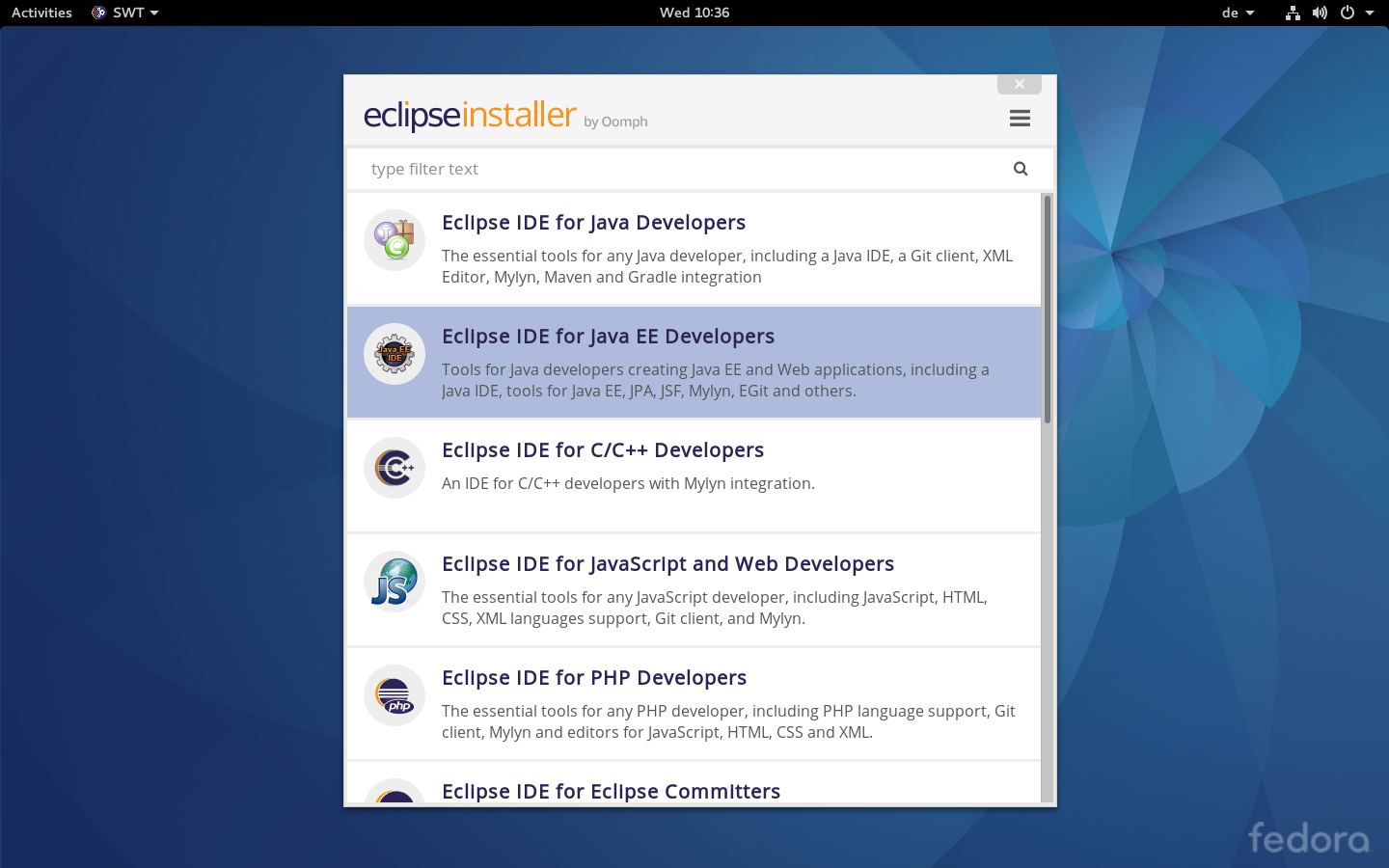 Screenshot of Eclipse Installer