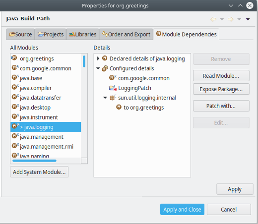Module Dependencies dialog