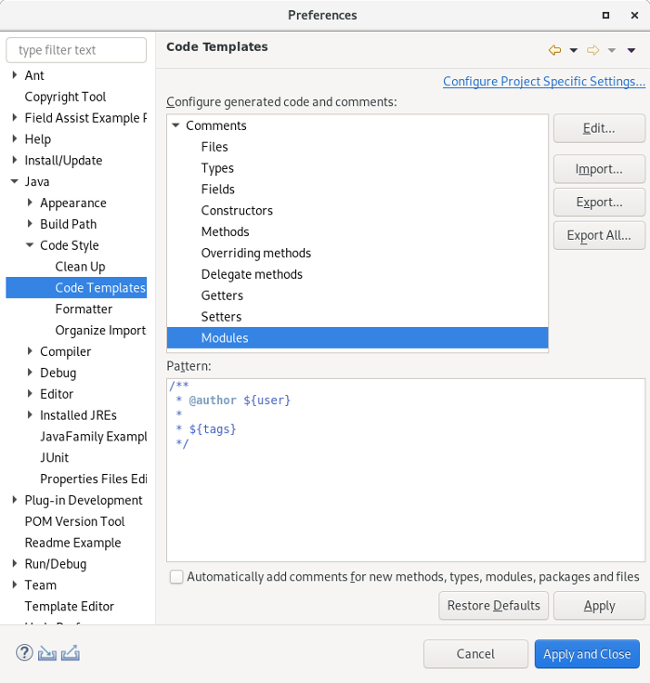 Javadoc module comment preferences