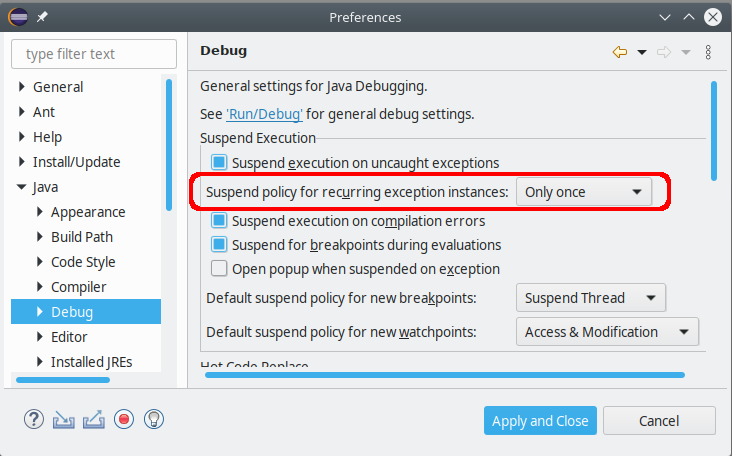 Preferences: Java > Debug