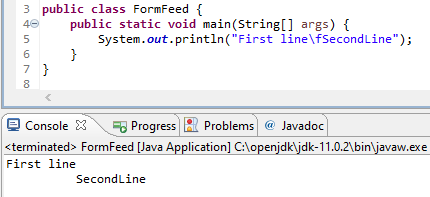 Result of formfeed interpretation. Insert newline and indent next line to column where formfeed was found in previous line.