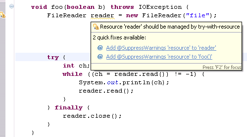 Compiler warning for a resource that should be managed with try-with-resource