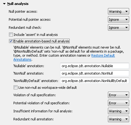 Errors/Warnings preference page with 'Enable annotation-based null analysis' highlighted