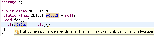 always false null comparison warning on comparing a constant field with a null value against non-null