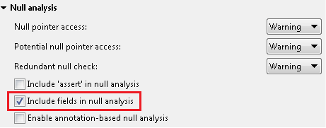 Errors/Warnings preference page with 'Include fields in null analysis' highlighted
