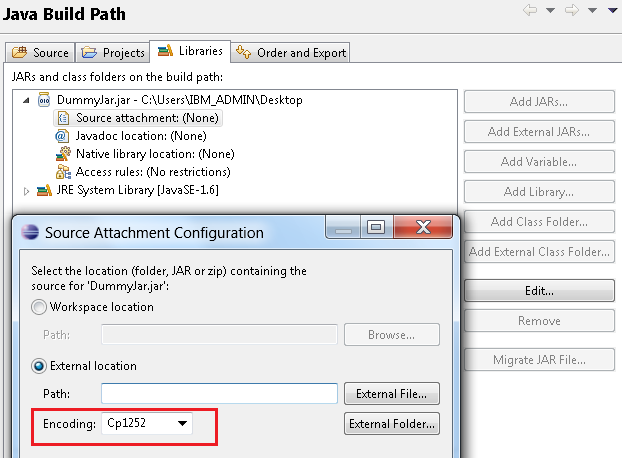 Dialog to specify encoding for source attachments.