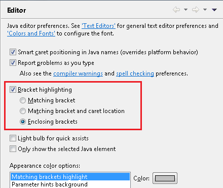 Preferences for bracket highlighting