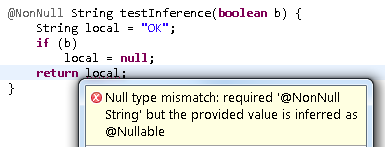 This option produces the
			'Null type mismatch: required @NonNull String but the provided value is inferred as @Nullable' warning