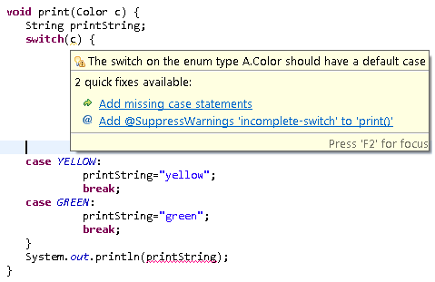 Warning on switch over enum with missing default case