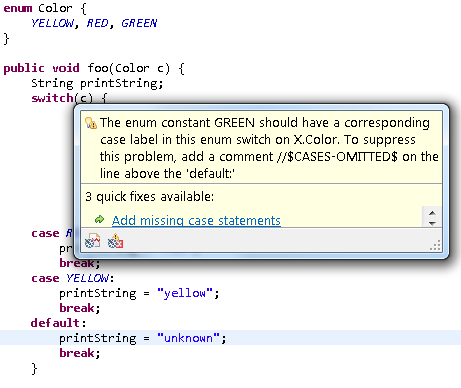 Warning on switch with missing case statement for enum value even though default is present