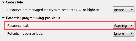 Errors/Warnings page with 'Resource leaks' highlighted