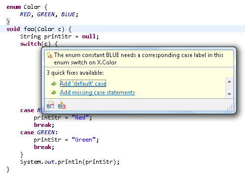 Warning on switch over enum with missing default case
