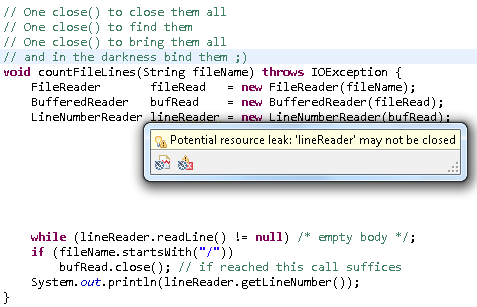 potential resource leak reported when any resource in the chain of wrapper resources is closed along some execution path.