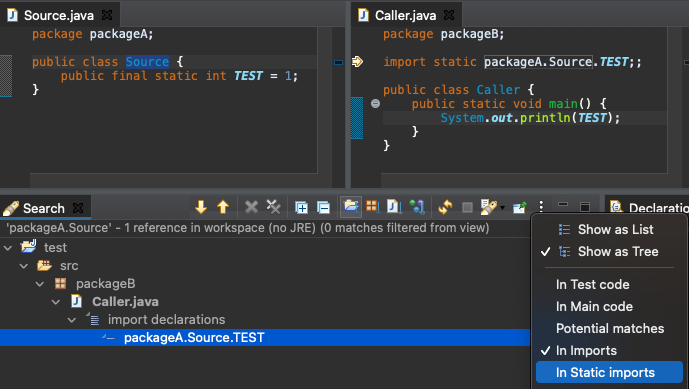 screenshot showing a static import search filter