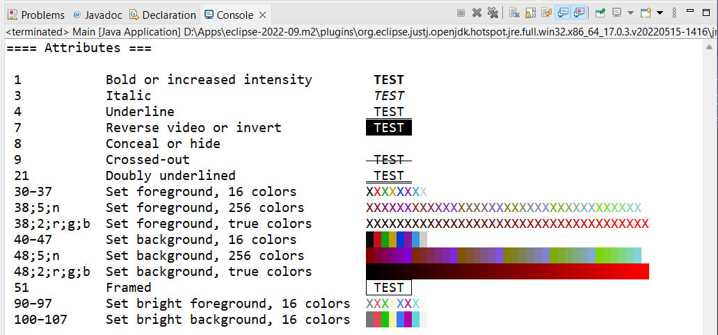 Screenshot of a console with colored text