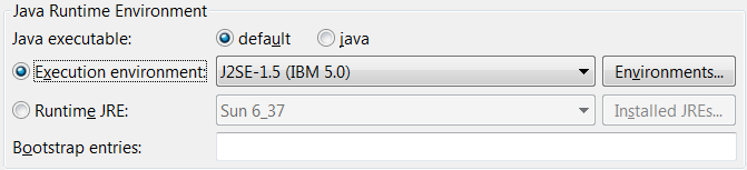 Java runtime settings on the Main tab of PDE launch configurations