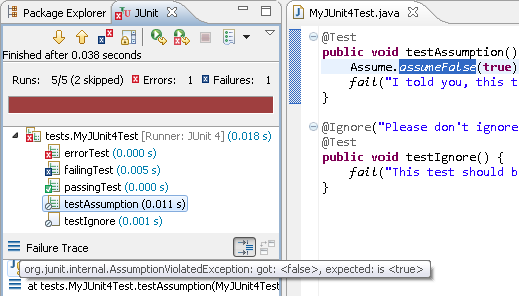 Test cases using @Ignore and Assume.assumeFalse(true)