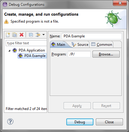 Launch configuration dialog showing warning message / state