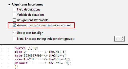Formatter options and code preview