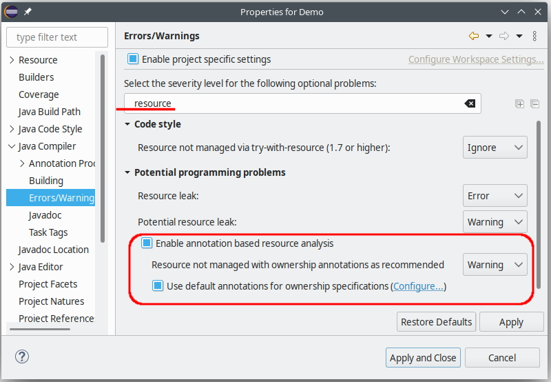 compiler properties dialog