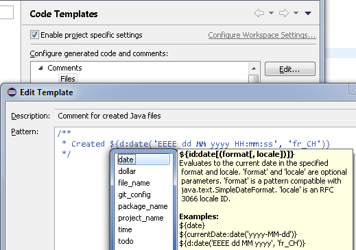 Example: ${d:date('EEEE dd MM yyyy HH:mm:ss', 'fr_CH')}