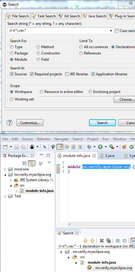 Trapdoor for regular expression module declaration search